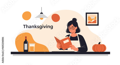 Woman Reads Recipe For A Thanksgiving Dinner Preparation At Home