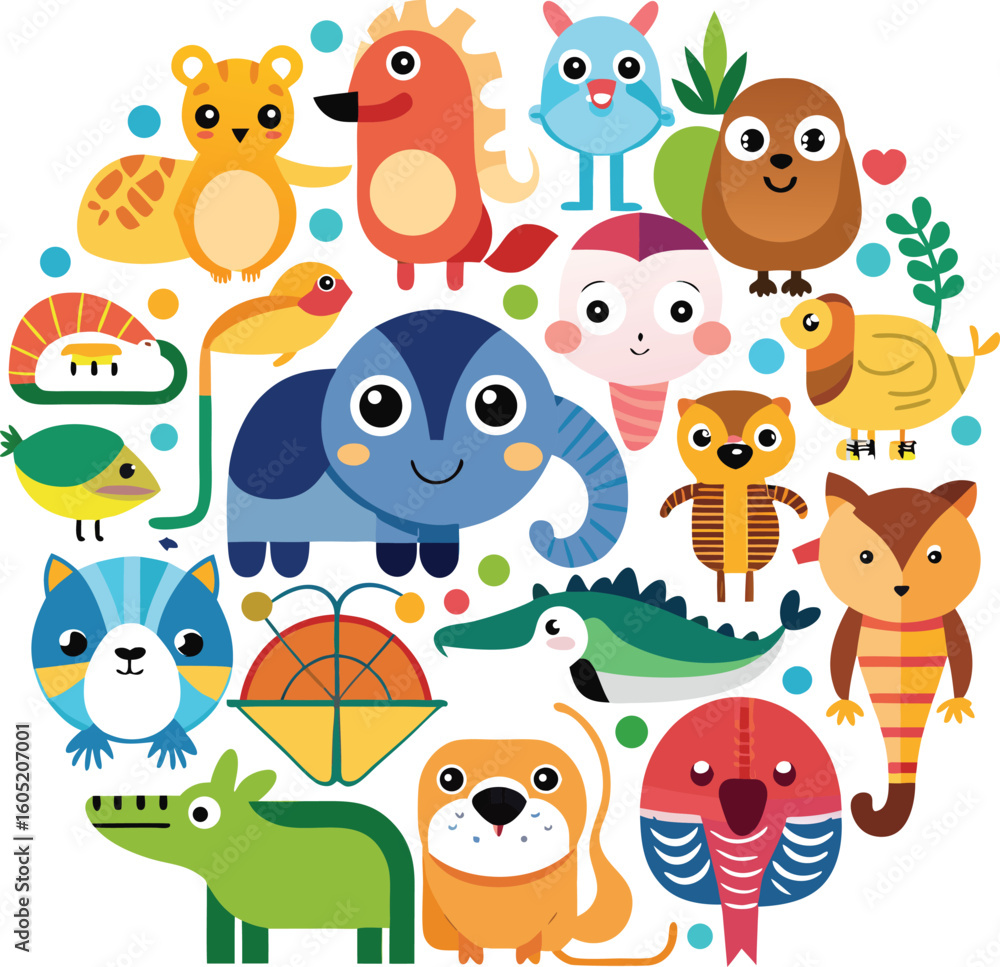 Naklejka premium Collection of cute cartoon animals and sea creatures