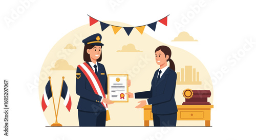 Woman Receives Award In Police Uniform At Ceremony Celebration Illustration