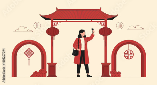 Young Woman Capturing Memories At Traditional Chinese Architecture Landmark