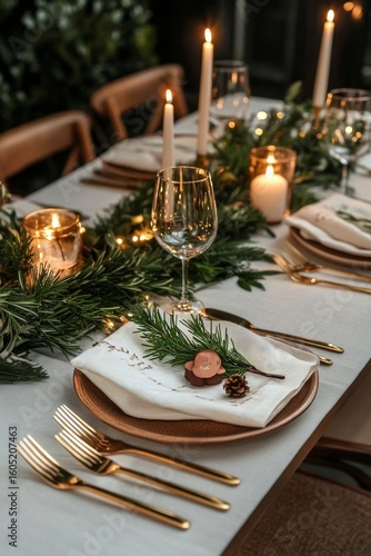 Elegant Festive Dining Table Setting With Candles and Greenery in Cozy Atmosp...
