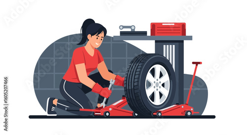 Young Woman Changing Car Tire In Garage Automotive Maintenance Service