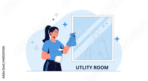 Young Woman Cleaning Mirror With Spray In Utility Room Sparkling Cleanliness
