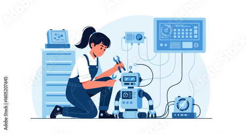 Woman Repairing A Robot With Tools And Electronic Components In The Lab