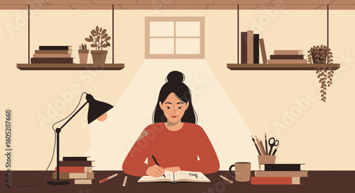 Young Woman Concentrating Studying At Her Home Office Under The Light