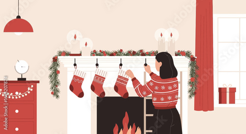 Woman Decorating Fireplace With Christmas Stockings For Festive Holiday Season
