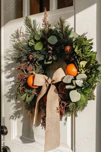 Fresh Evergreen Wreath With Oranges and Eucalyptus Hanging on a Door in a Bri...