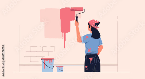 Young Woman Decorating Home And Painting Wall With A Roller With Pink Paint