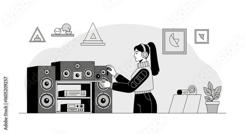 Young Woman Enjoying Music at Home Using Stereo System and Turntable