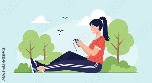 Young Woman Enjoying Music Outdoors Relaxation And Mobile Entertainment