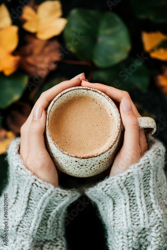 Cozy Mug of Warm Beverage Held in Hands Among Autumn Leaves in a Tranquil Out...