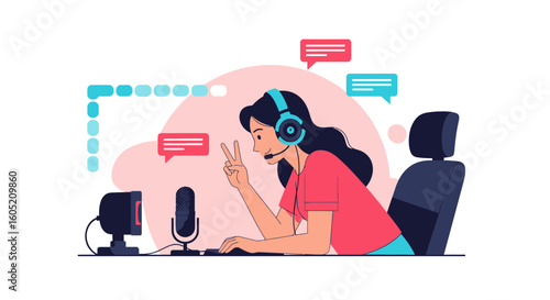 Woman Streamer Broadcasting Live Using Computer and Microphone From Home Studio