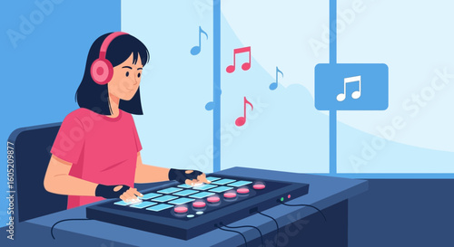 Young Woman Enjoys Digital Music Creation On Touchpad Mixer In Home Studio