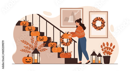 Woman Decorating Home With Pumpkins, Lanterns And Autumn Wreath For Halloween