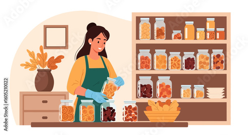 Woman Storing Dried Fruits In Glass Jars For Food Preservation At Home