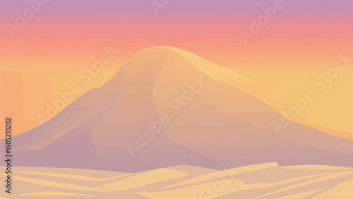 Desert landscape illustration with sunset and rolling sand dunes in warm colors