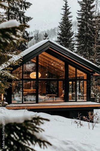 Cozy Cabin Nestled in Snowy Forest Surrounded by Towering Pine Trees During W...