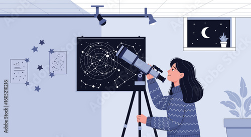 Young Woman Gazing At Night Sky Constellations Through Telescope Indoors