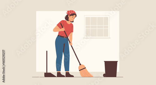 Woman Sweeping Floor With Broom During Spring Cleaning House Chores