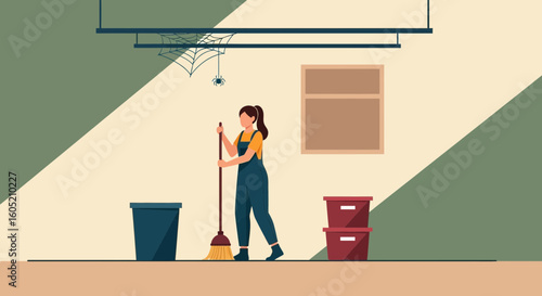Woman Sweeping Garage After Halloween Decorations Put Away Indoor Scene