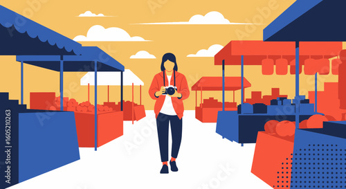 Woman Takes Pictures At Local Street Fair With Vibrant Colorful Stalls