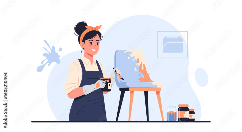 Young Woman Is Painting An Old Chair And Renewing Furniture At Home Young Woman Is Painting An Old Chair And Renewing Furniture At Home