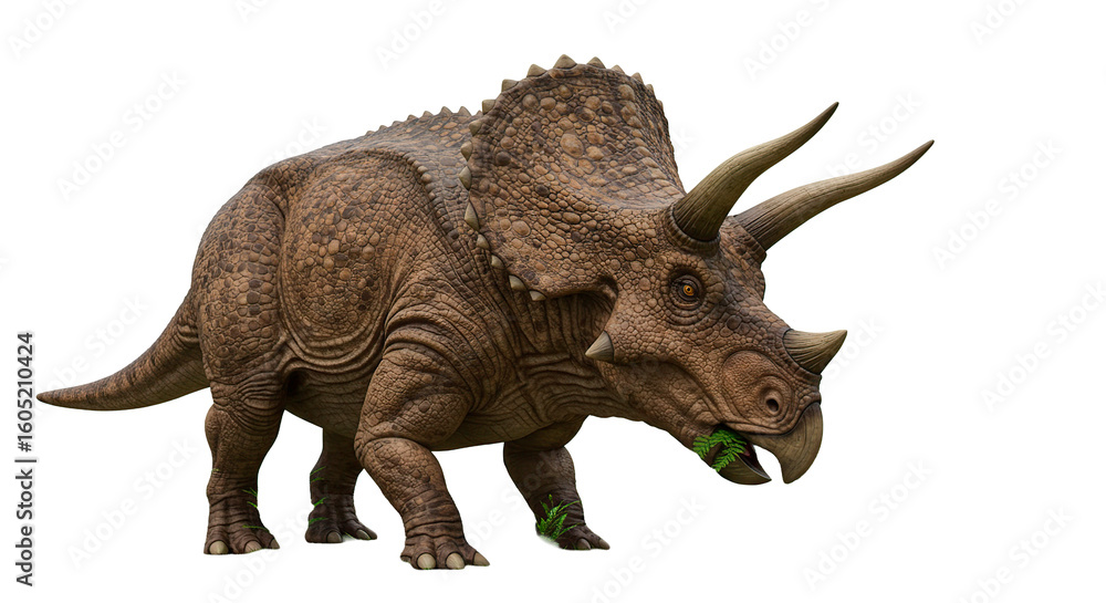 Fototapeta premium Isolated triceratops dinosaur eating plants jurassic herbivore prehistoric wildlife creature extinct animal
