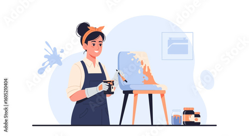 Young Woman Is Painting An Old Chair And Renewing Furniture At Home