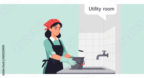 Woman Does Chores In Laundry Room With Cleaning Bucket And Protective Gloves