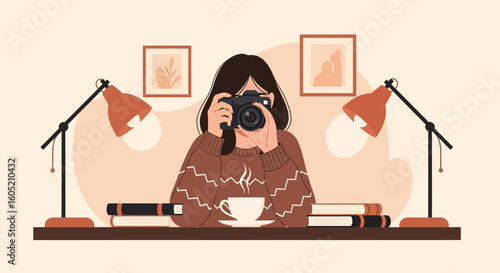 Woman Taking Picture In Cozy Room With Coffee And Books On Desk