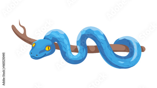 Cartoon blue snake vector illustration climbing on a branch wildlife animal reptile serpent design graphic art