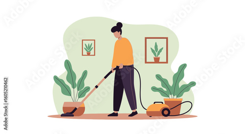 Woman Does Vacuuming At Home Near Plants And Frames On Wall Illustration