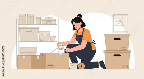 Woman Taping Cardboard Boxes For Moving or Storage At Home or Office