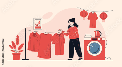 Woman Does Laundry With Chinese New Year Decorations At Home Illustration