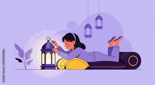 Young Woman Lights A Traditional Lantern During Ramadan Celebration At Home
