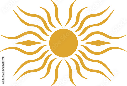 Stylized golden sun with radiating wavy rays on yellow solar