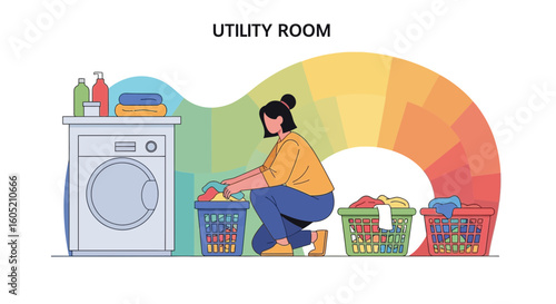 Woman Doing Laundry And Sorting Clothes In Baskets At Home Utility Room