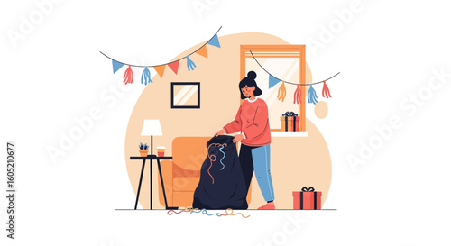 Woman Tidying Up After A Celebration At Home In A Cozy Environment