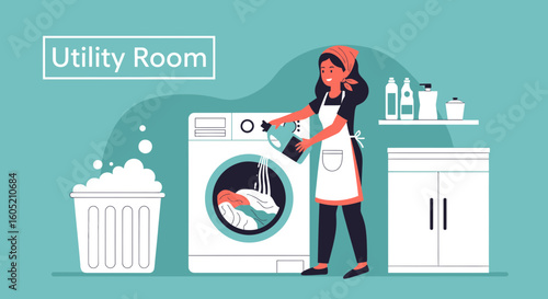 Woman Doing Laundry At Home In Her Utility Room With Washing Machine