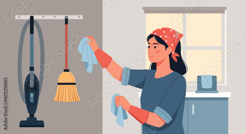 Woman Tidying Up Apartment Wiping Dust With Cloth And Cleaning Equipment