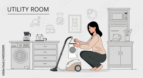 Young Woman Maintains the Utility Room Tidiness Using Vacuum Cleaner