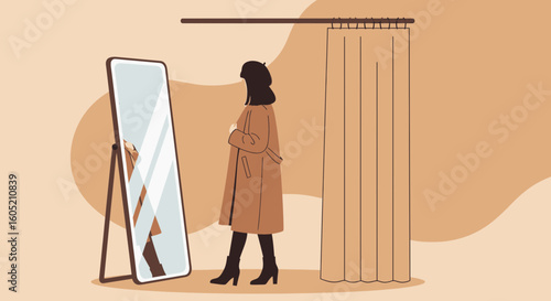 Woman Trying On New Coat In Fitting Room Looking In The Mirror