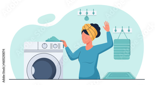 Woman Doing Laundry At Home With Towel On Her Head Doing Laundry