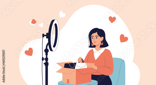 Woman Unboxing A Package Recording An Unboxing Video With Ring Light