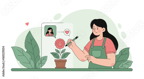 Woman Draws Flowers For Social Media Content Creating Artistic Engagement