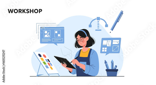 Woman Uses Digital Tablet And Stylus During Design Workshop Class