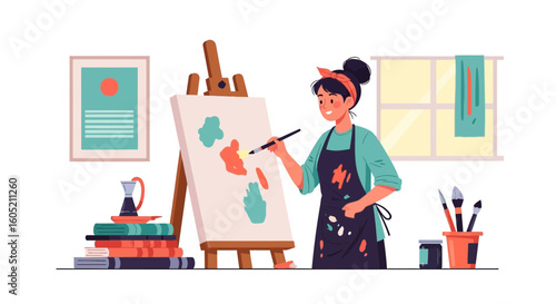 Young Woman Paints On Canvas In Her Art Studio With Easel And Brushes