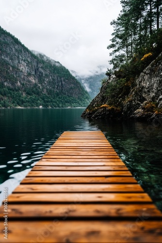 Serene Wooden Dock Extending Into a Calm Fjord Surrounded by Mountains Under ...