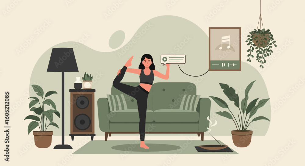 Fototapeta premium Young Woman Practicing Yoga Posture in Cozy Living Room With Music