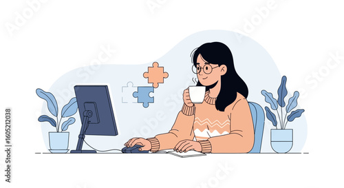 Woman Enjoying Coffee While Working On A Computer In A Home Office